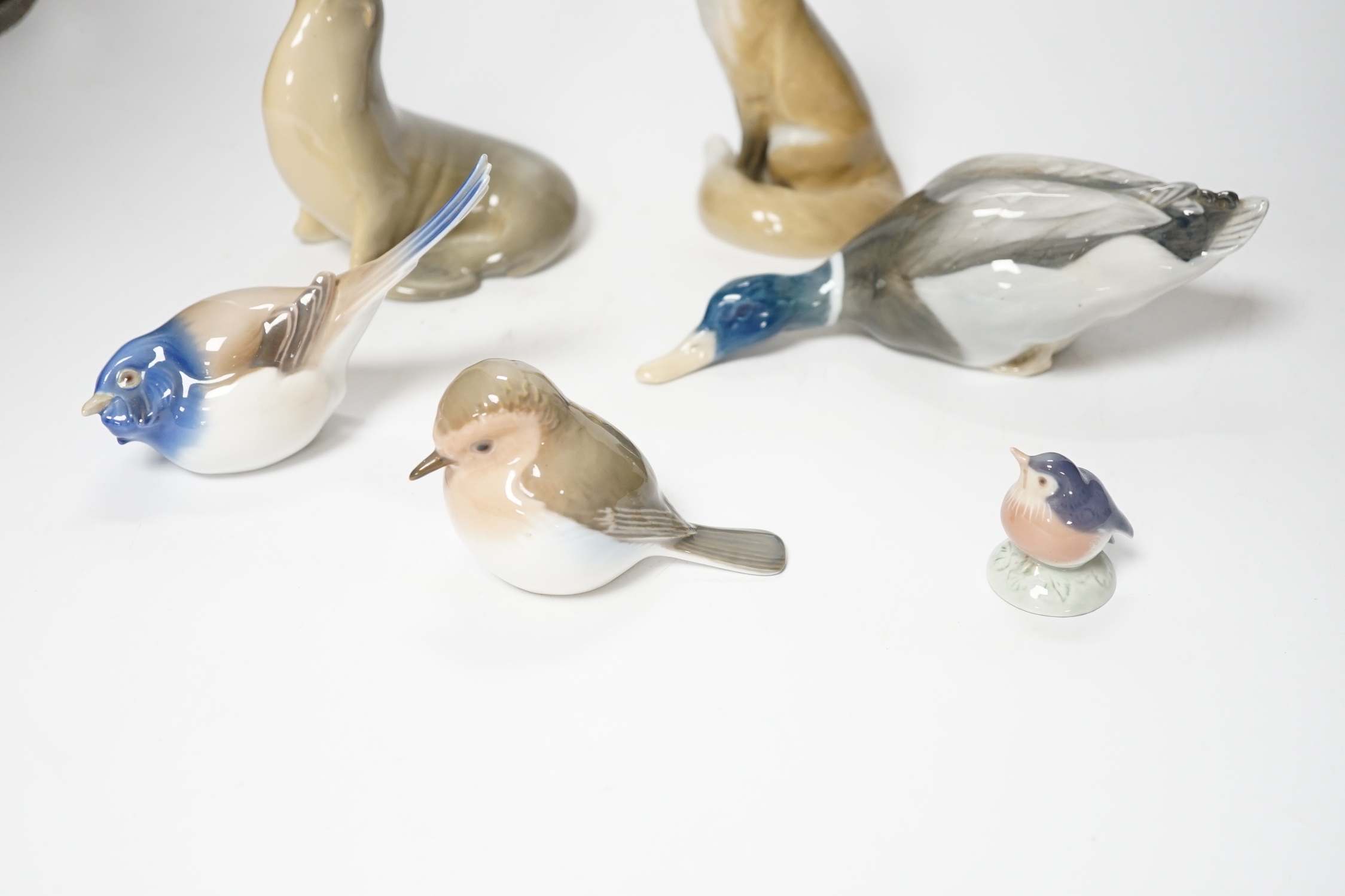 Six Royal Copenhagen animal models including fox, duck and seal, largest 15cm high
